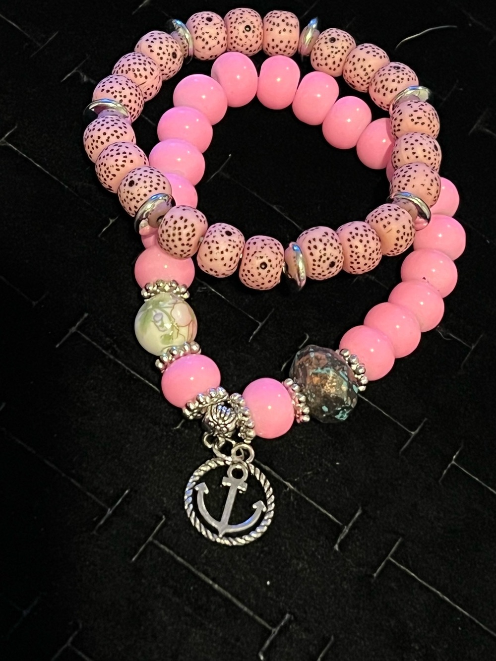 Pink Beaded Anchor Charm Stretch Bracelet Set